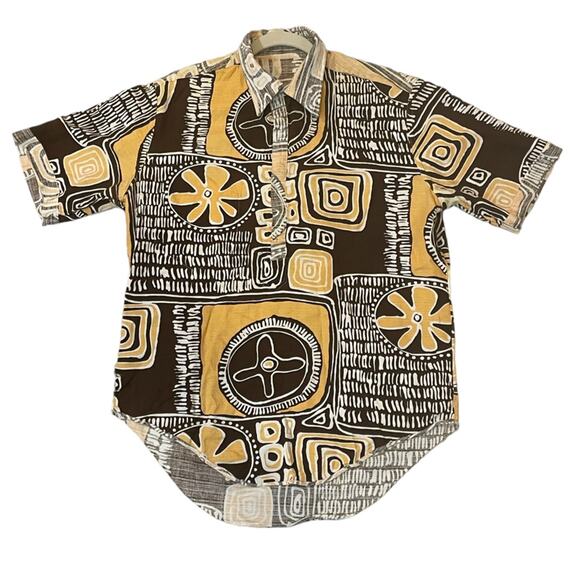 Hawaiian Barkcloth Shirt Mens Size Medium Camp Moana Abstract Design VINTAGE